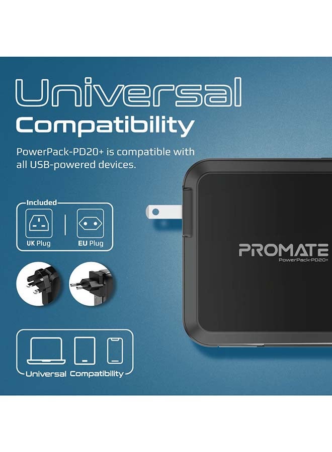 15000mAh Quick Charging Power Bank With AC Charge-in, Built-In 22W USB-C PD Cable, 20W Lightning Cable and QC 3.0 USB Port Black