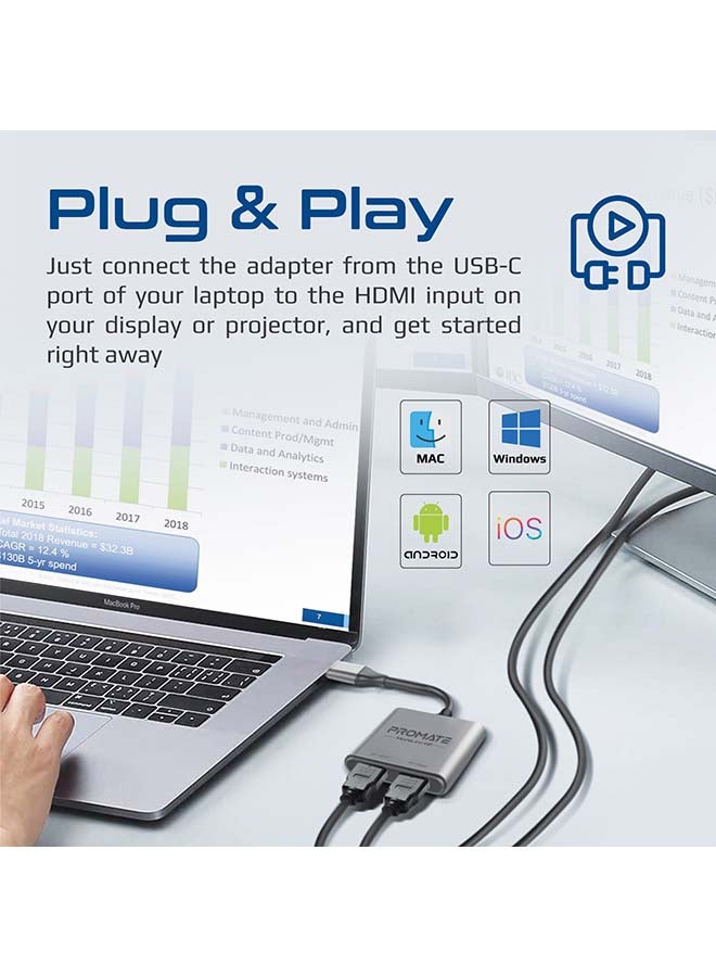 PROMATE USB-C To HDMI Adapter, Ultra HD 4k 60hz Type-C To HDMI Adapter Converter With Dual HDMI Ports, Compact Travel-Friendly Design For MacBook Pro, iPad Air, Samsung Galaxy S25, MediaLink-H2 - Grey  - Image 3