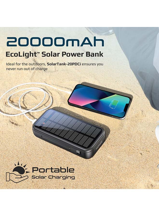PROMATE - 20000mAh EcoLight Solar Power Bank with Built-in USB-C & Lightning Cables Black - Image 1