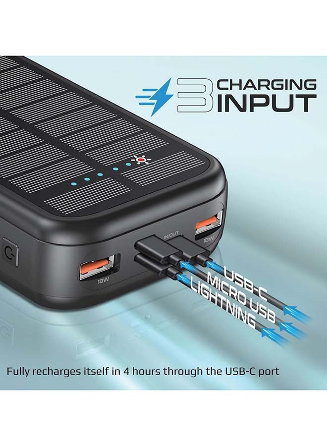 PROMATE - 20000mAh EcoLight Solar Power Bank with Built-in USB-C & Lightning Cables Black - Image 1