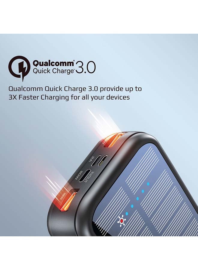 PROMATE - 20000mAh EcoLight Solar Power Bank with Built-in USB-C & Lightning Cables Black - Image 1