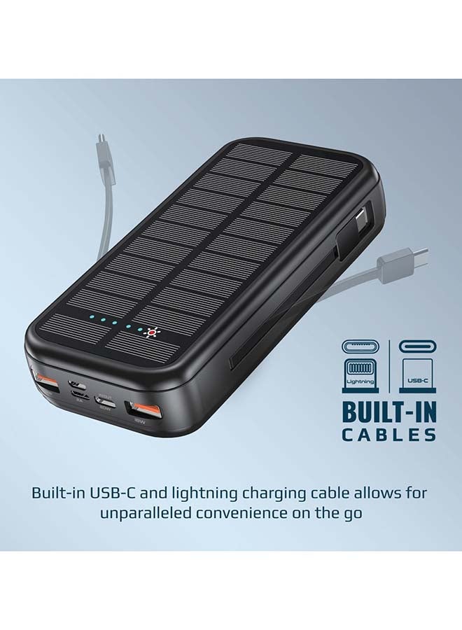 PROMATE - 20000mAh EcoLight Solar Power Bank with Built-in USB-C & Lightning Cables Black - Image 1
