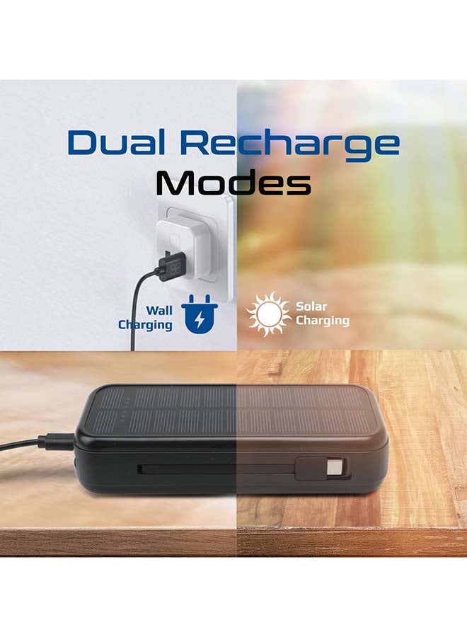 PROMATE - 20000mAh EcoLight Solar Power Bank with Built-in USB-C & Lightning Cables Black - Image 1