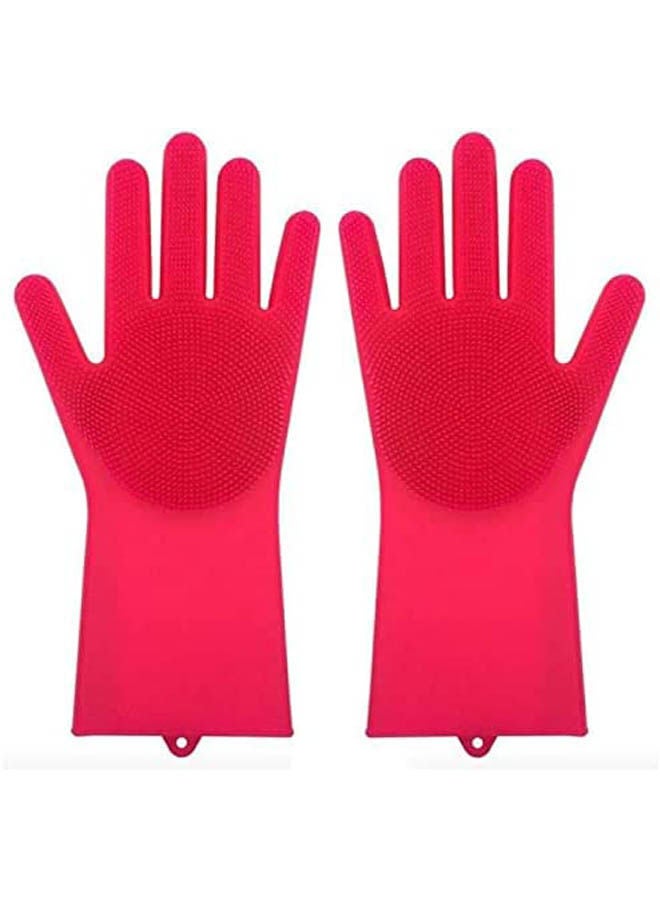 Magic Reusable Silicone Gloves With Wash Scrubber Dishwashing Gloves Red 