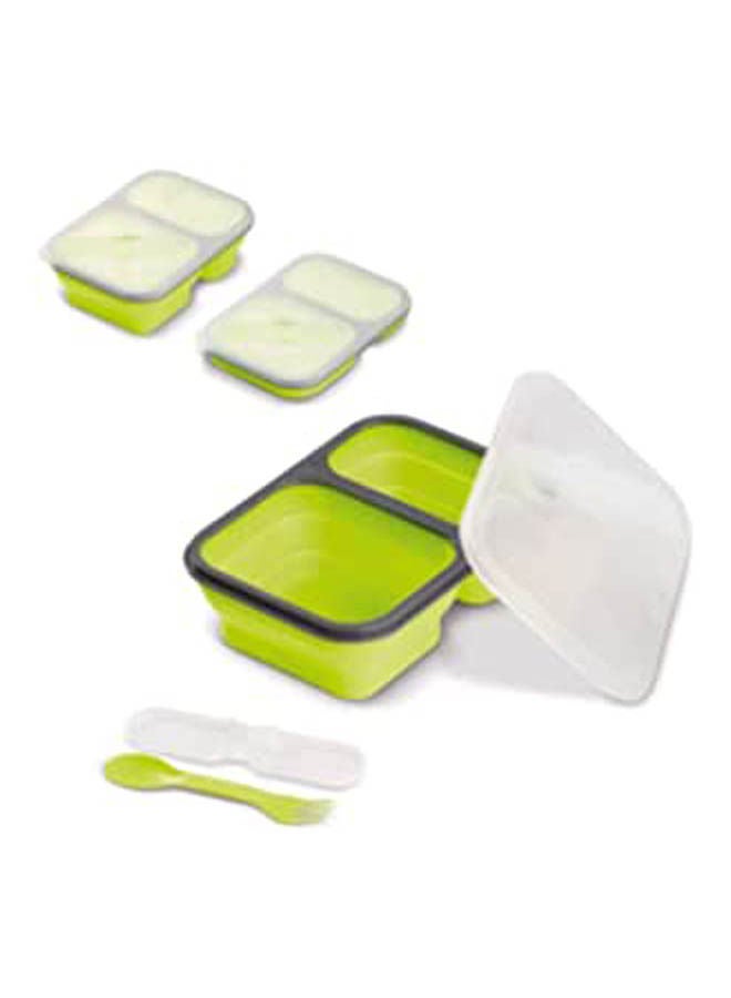 Collapsible Lunch Box- Silicone Food Storage With 2 Compartments And Utensil Green 15x11x7cm  - Image 1