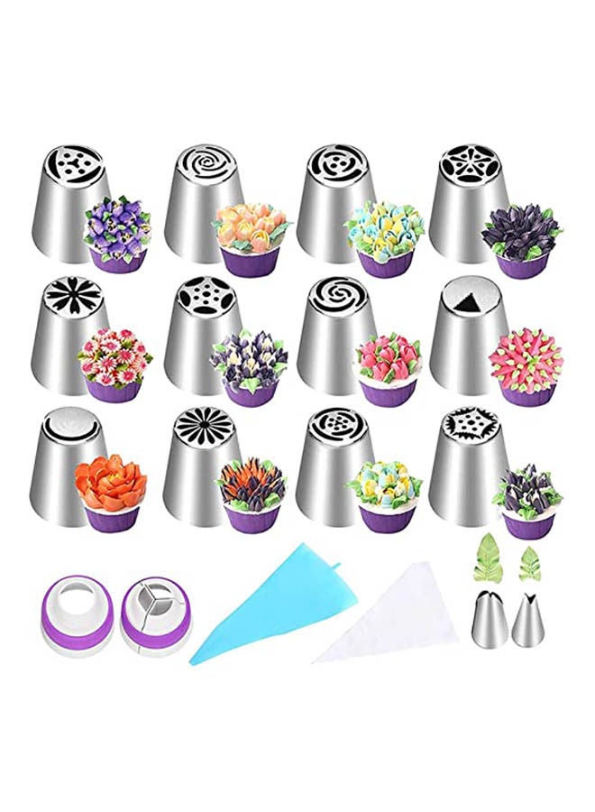 Generic - Russian Piping Nozzles Set 12 Russian Cake Decorating Nozzles 2 Small Flower Nozzles 2 Couplers 10 Disposable Icing Bag Cake Decorating Tools Shown Silver - Image 1