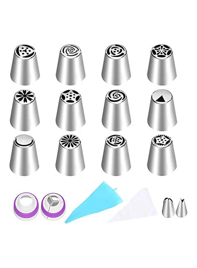 Generic - Russian Piping Nozzles Set 12 Russian Cake Decorating Nozzles 2 Small Flower Nozzles 2 Couplers 10 Disposable Icing Bag Cake Decorating Tools Shown Silver - Image 1