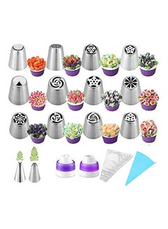 27Pcs Russian Piping Tips Baking Supplies Set Cake Decorating Tips For Cupcake Cookies Birthday Party 12 Icing Tips 2 Leaf Piping Tips 2 Couplers 10 Pastry Baking Bags Silver