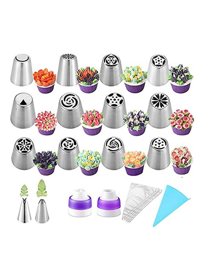Generic - 27Pcs Russian Piping Tips Baking Supplies Set Cake Decorating Tips For Cupcake Cookies Birthday Party 12 Icing Tips 2 Leaf Piping Tips 2 Couplers 10 Pastry Baking Bags Silver - Image 1