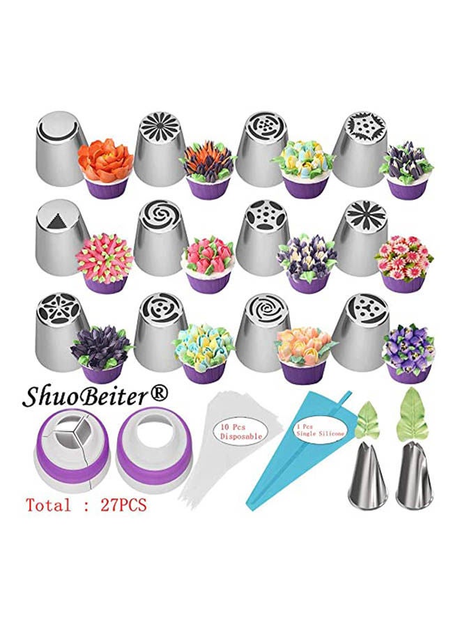 Generic - 27Pcs Russian Piping Tips Baking Supplies Set Cake Decorating Tips For Cupcake Cookies Birthday Party 12 Icing Tips 2 Leaf Piping Tips 2 Couplers 10 Pastry Baking Bags Silver - Image 1