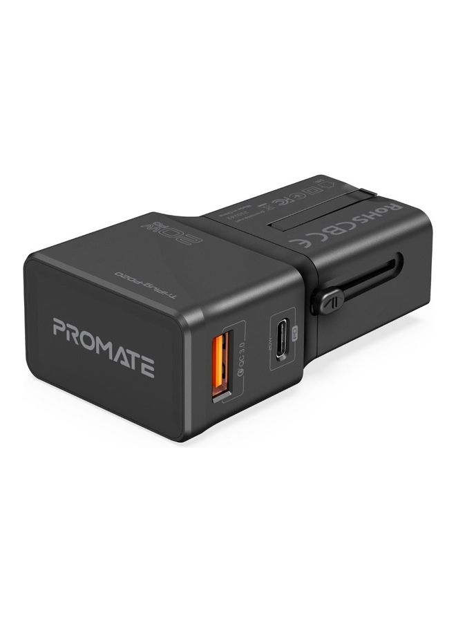 PROMATE Sleek Universal Travel Adapter with 20W Power Delivery & Quick Charge 3.0 Black - Image 1