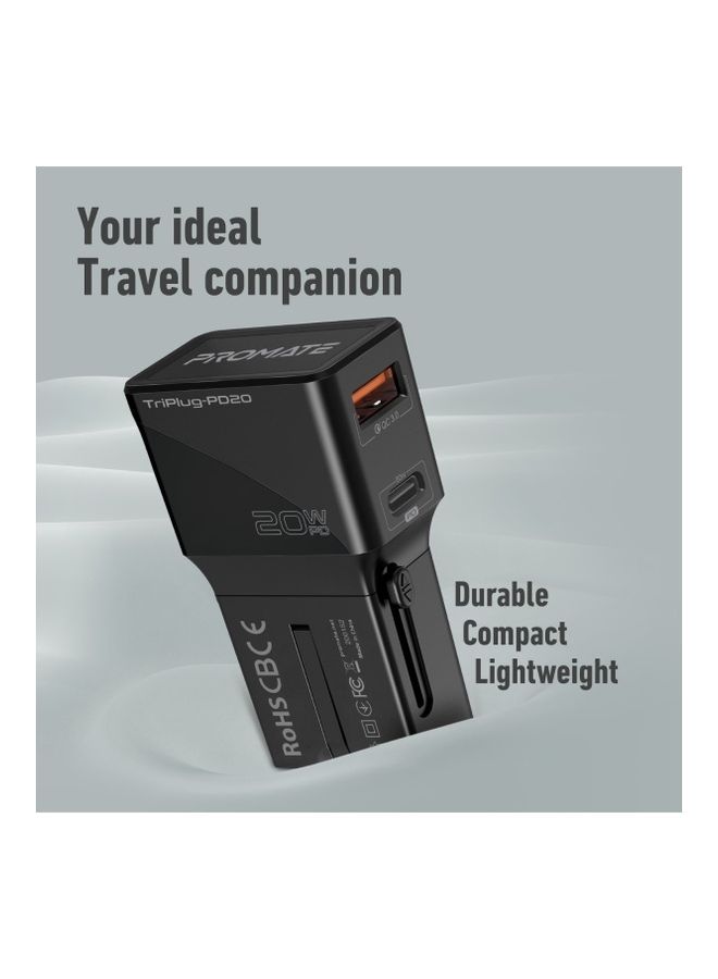 PROMATE Sleek Universal Travel Adapter with 20W Power Delivery & Quick Charge 3.0 Black - Image 5