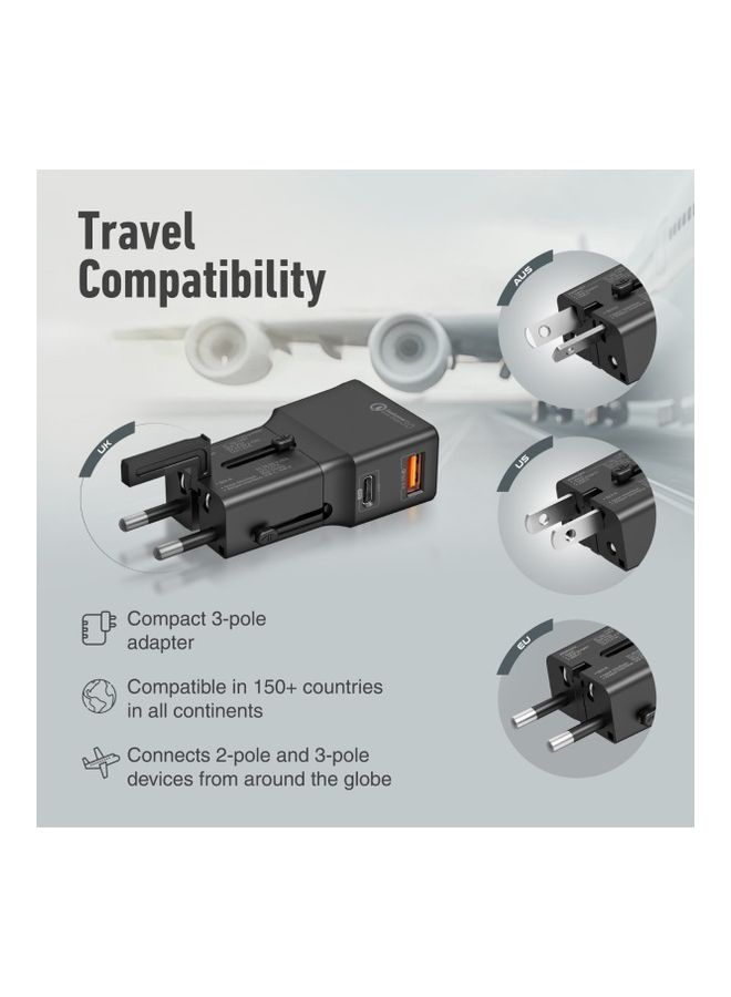 PROMATE Sleek Universal Travel Adapter with 20W Power Delivery & Quick Charge 3.0 Black - Image 2