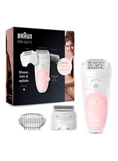 Silk-épil 5 5-620 Epilator, Hair Removal, 3 In 1, Includes Shaver & Trimmer Head, Cordless, Gentle Hair Removal Setting, Wet & Dry, 100% Waterproof, UK 2 Pin Plug White/Pink