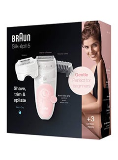 Silk-épil 5 5-620 Epilator, Hair Removal, 3 In 1, Includes Shaver & Trimmer Head, Cordless, Gentle Hair Removal Setting, Wet & Dry, 100% Waterproof, UK 2 Pin Plug White/Pink - v1652607298/N50482121A_6