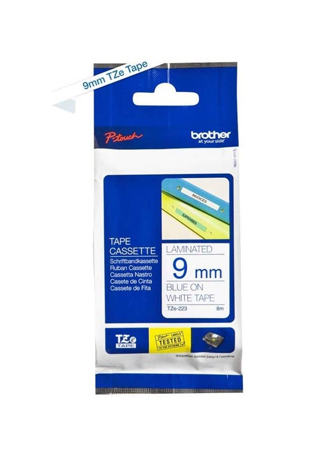brother Laminated Tape Blue On White 9mm TZe-223 Blue/White  - Image 2