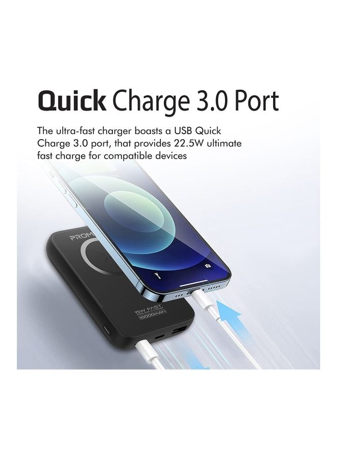 PROMATE - 15W Wireless 10000mAh Power Bank, 20W USB-C PD, 22.5W QC 3.0, USB-C/Lightning Input, PowerMag-10+ Black - Image 1
