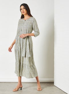 Three Quarter Sleeve Stripe Printed Notch Neck Jalabiya Multicolour