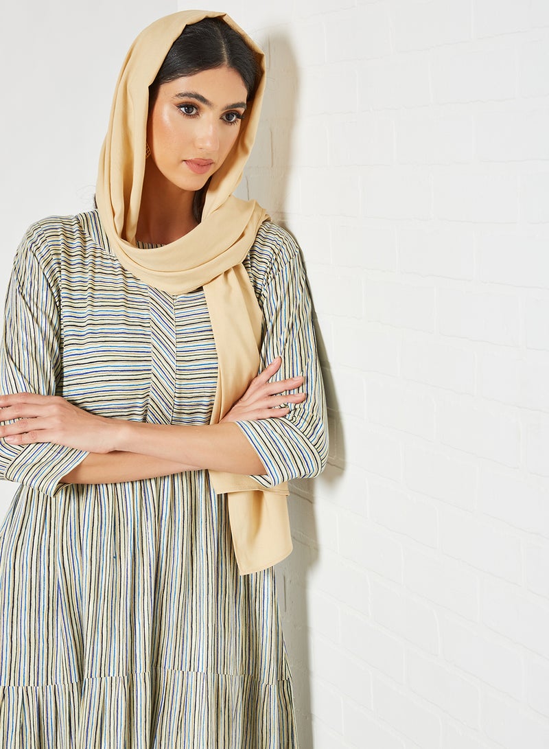 Zyna Fashion - Three Quarter Sleeve Stripe Printed Notch Neck Jalabiya Multicolour - Image 1