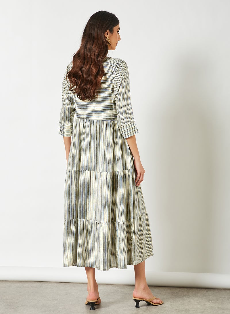 Zyna Fashion - Three Quarter Sleeve Stripe Printed Notch Neck Jalabiya Multicolour - Image 1