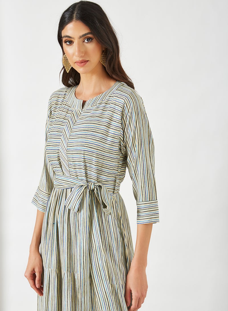 Zyna Fashion - Three Quarter Sleeve Stripe Printed Notch Neck Jalabiya Multicolour - Image 1