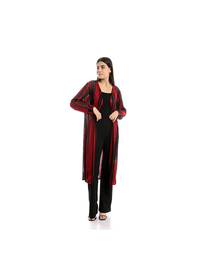 Andora - Casual Checkered  Cardigan Burgundy - Image 1