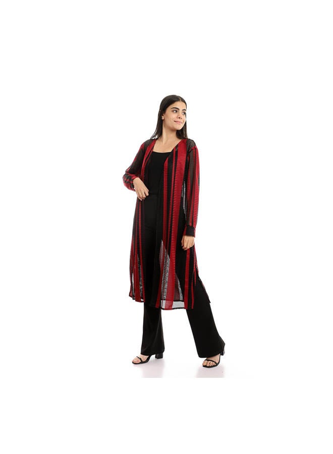 Andora - Casual Checkered  Cardigan Burgundy - Image 1