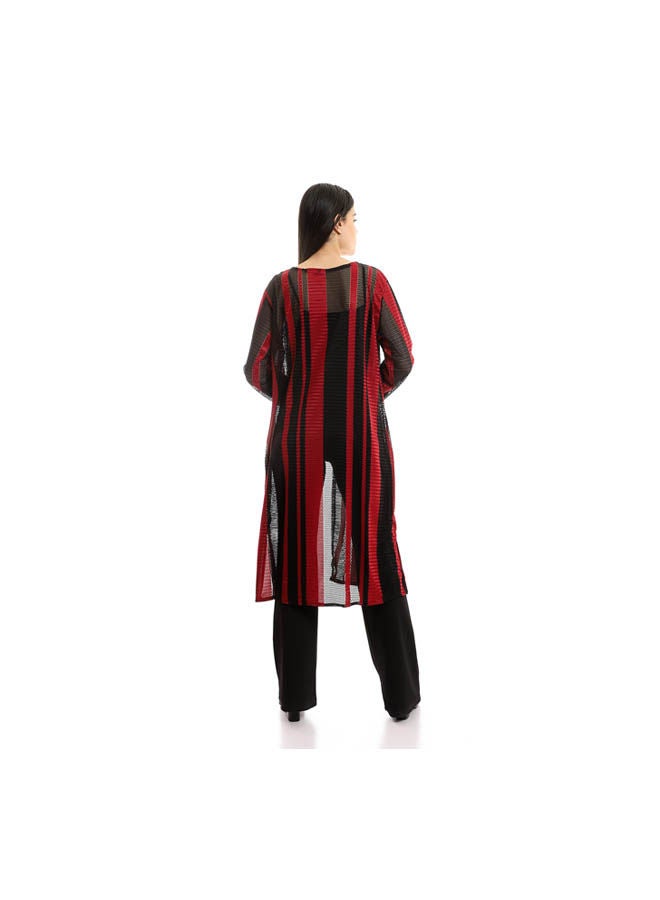 Andora - Casual Checkered  Cardigan Burgundy - Image 1