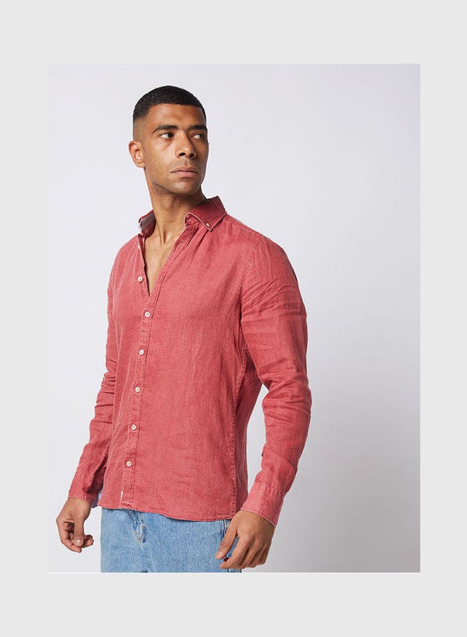Olymp Casual Plain Basic Collared Neck Long Sleeve Shirt DarkRed  - Image 1