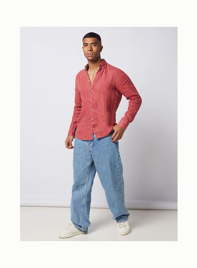 Olymp Casual Plain Basic Collared Neck Long Sleeve Shirt DarkRed  - Image 3