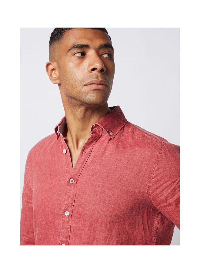 Olymp Casual Plain Basic Collared Neck Long Sleeve Shirt DarkRed  - Image 4