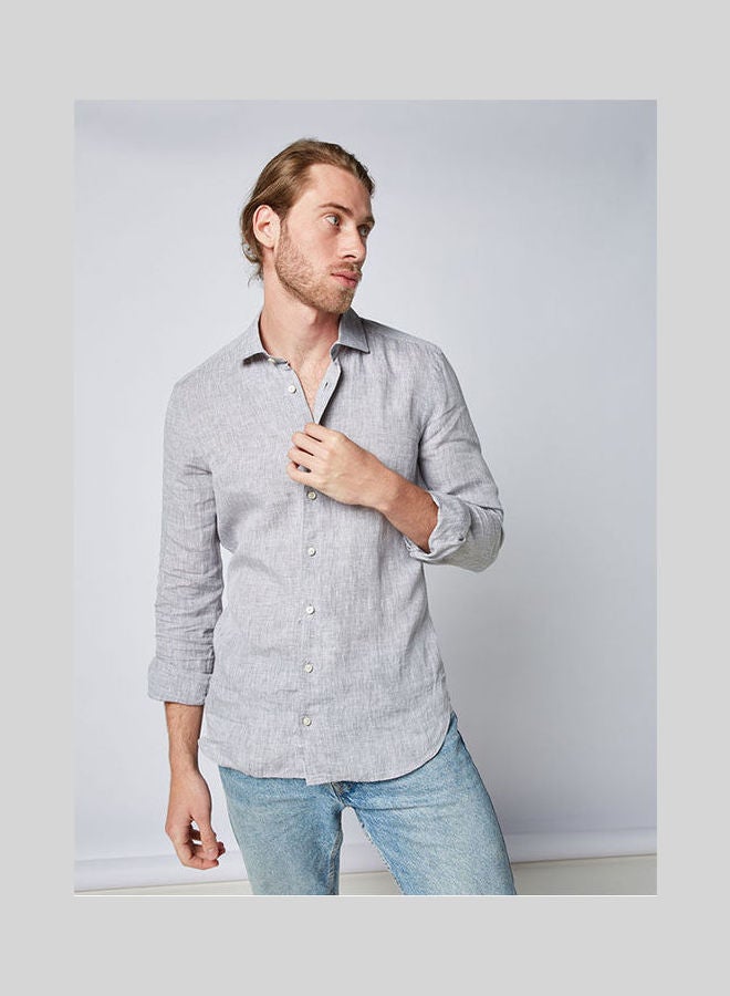 Olymp - Casual Plain Basic Collared Neck Long Sleeve Shirt Grey - Image 1