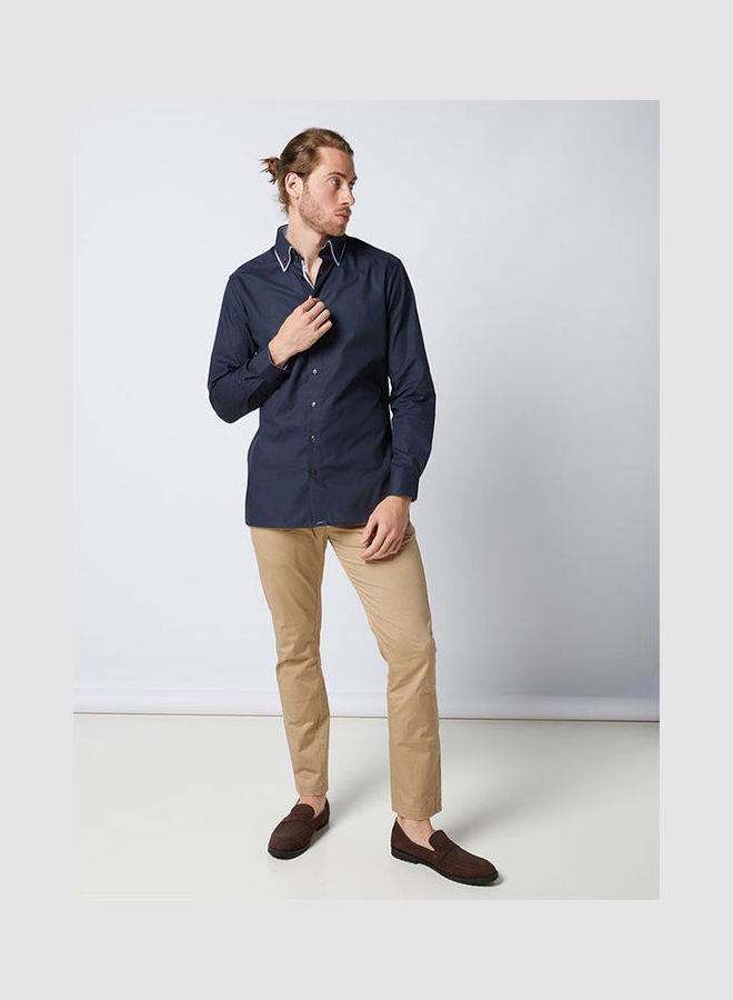Olymp - Casual Plain Basic Collared Neck Long Sleeve Shirt DarkBlue - Image 1