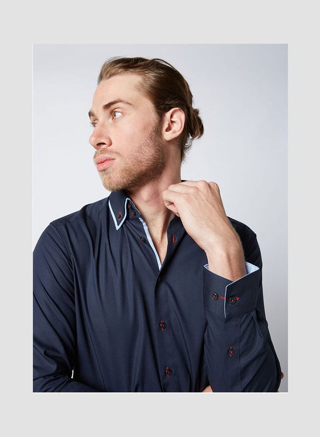 Olymp - Casual Plain Basic Collared Neck Long Sleeve Shirt DarkBlue - Image 1