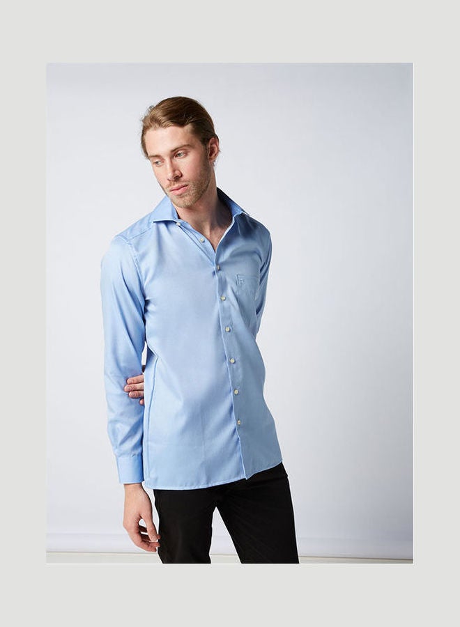 Olymp Casual Plain Basic Collared Neck Long Sleeve Shirt Blue  - Image 1