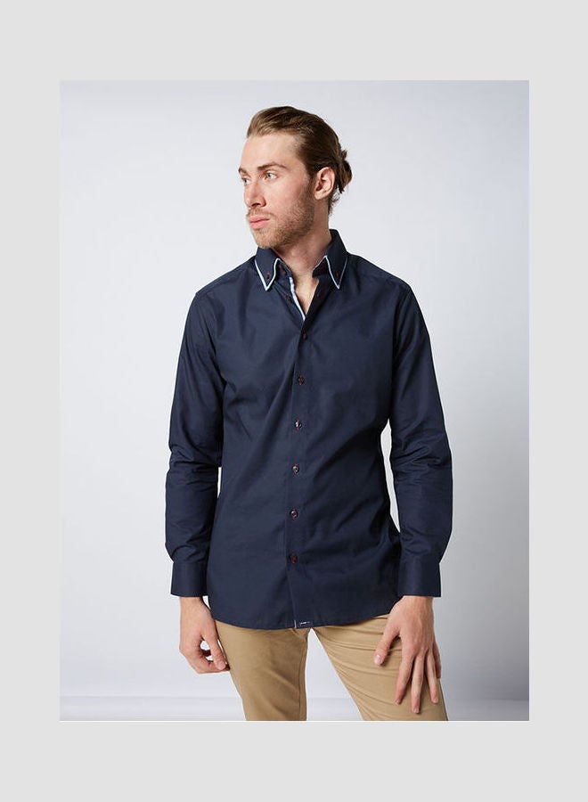 Olymp - Casual Plain Basic Collared Neck Long Sleeve Shirt DarkBlue - Image 1