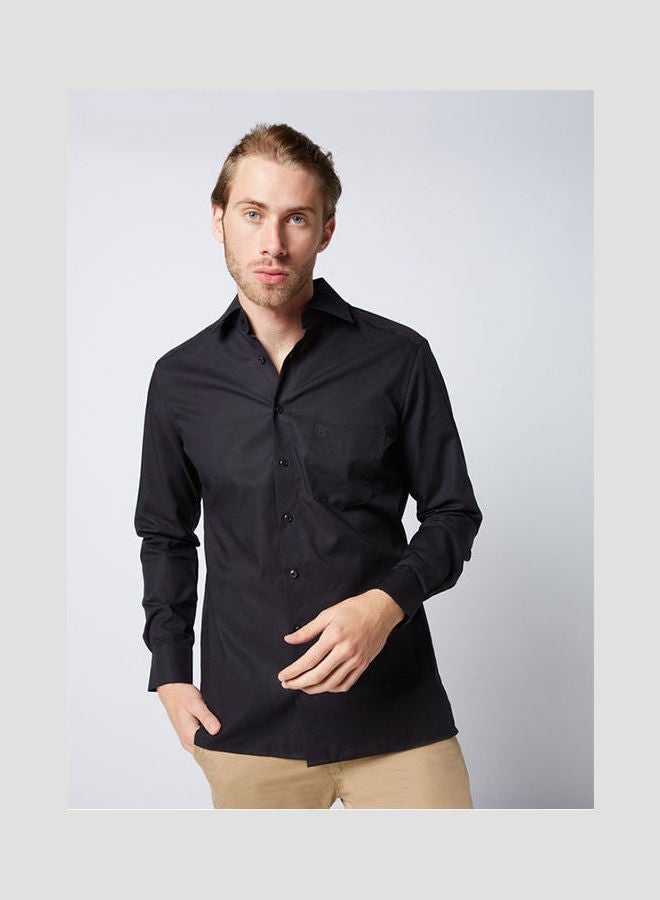 Olymp - Casual Plain Basic Collared Neck Long Sleeve Shirt Black - Image 1