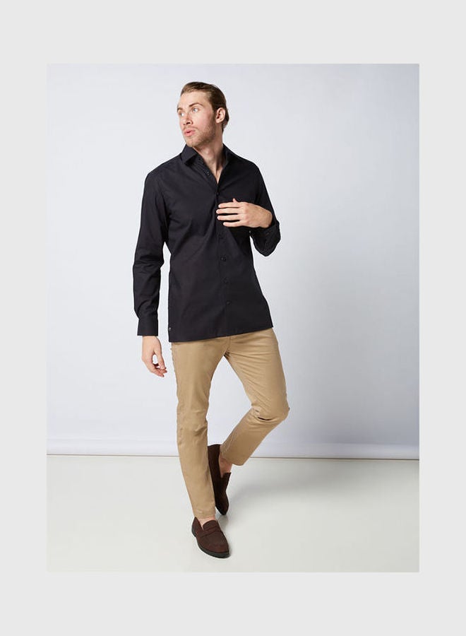 Olymp - Casual Plain Basic Collared Neck Long Sleeve Shirt Black - Image 1