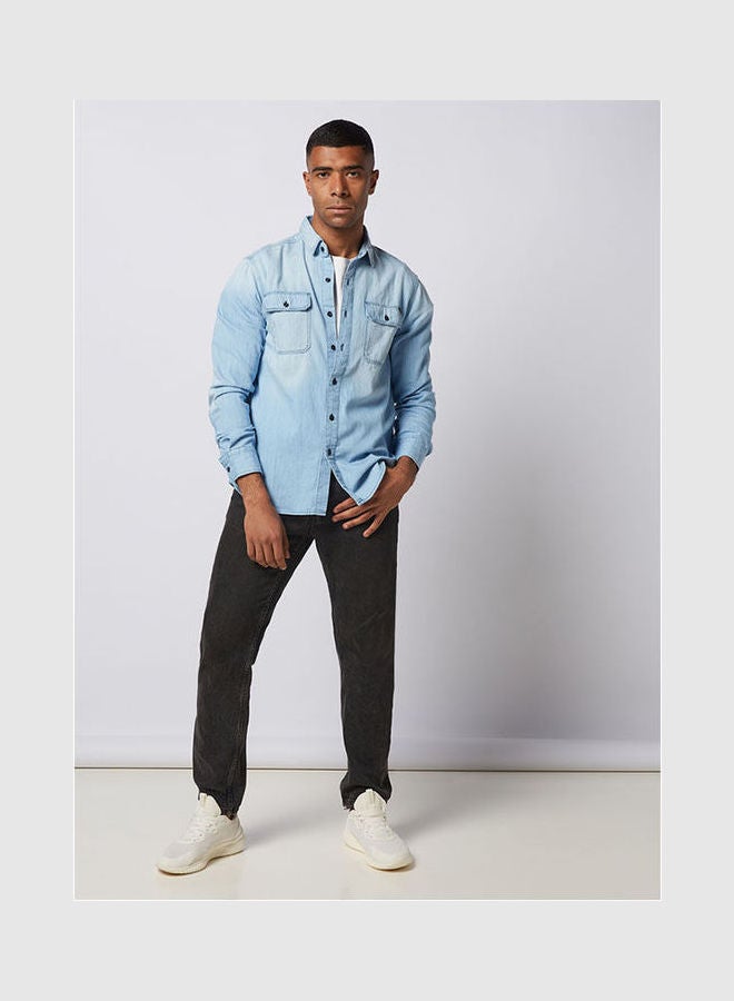 Replay - Casual Plain Basic Collared Neck Long Sleeve Shirt BabyBlue - Image 1