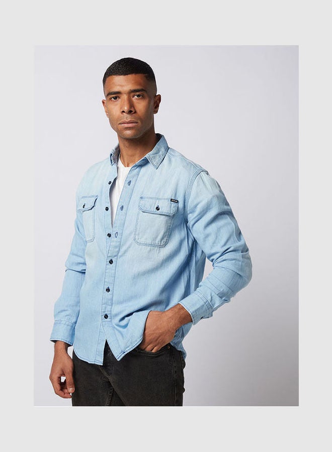 Replay - Casual Plain Basic Collared Neck Long Sleeve Shirt BabyBlue - Image 1