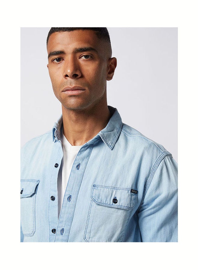 Replay - Casual Plain Basic Collared Neck Long Sleeve Shirt BabyBlue - Image 1
