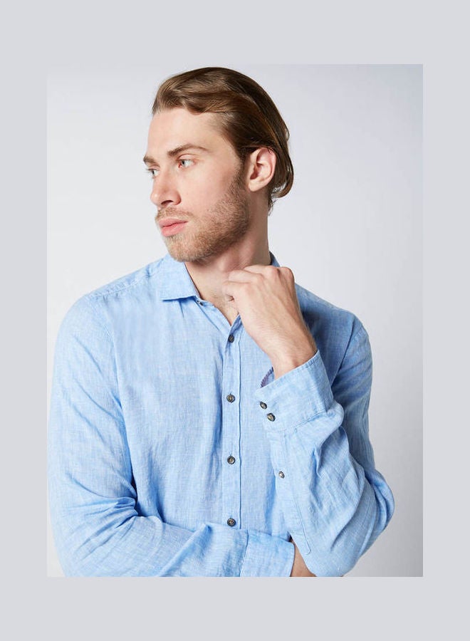 Olymp - Casual Plain Basic Long Sleeve Shirt Sky Blue - Image 1