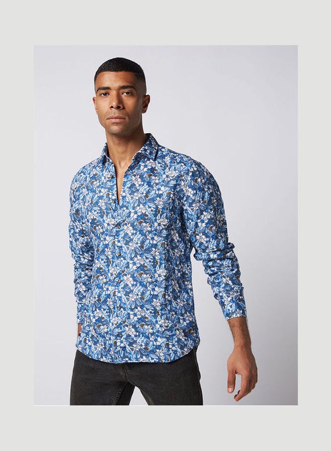 Olymp - Casual Floral Long Sleeve Shirt Blue - Image 1