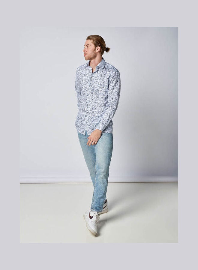 أوليمب Casual Floral Long Sleeve Shirt Blue-White  - Image 3