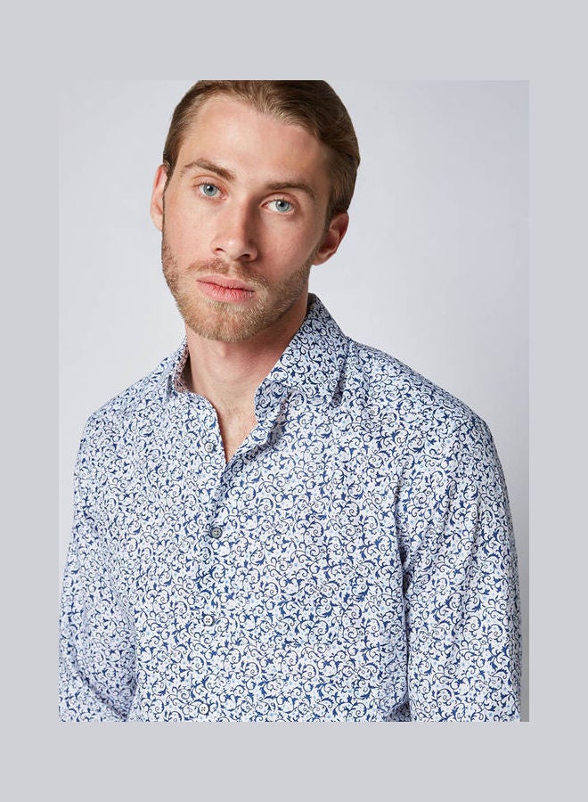 أوليمب Casual Floral Long Sleeve Shirt Blue-White  - Image 4
