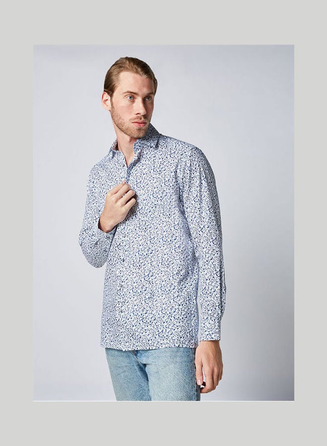 أوليمب Casual Floral Long Sleeve Shirt Blue-White  - Image 1