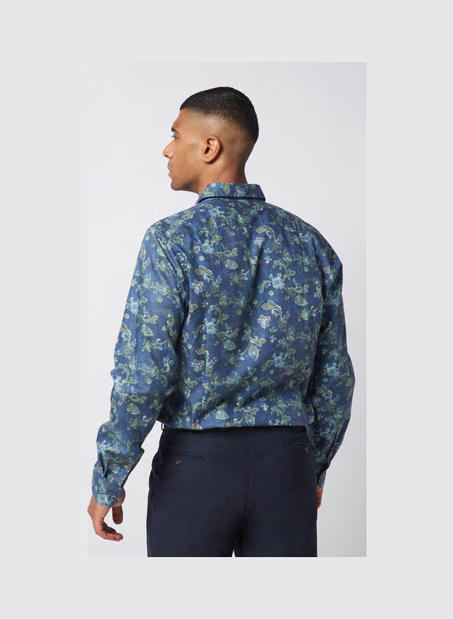 أوليمب Casual Floral Long Sleeve Shirt Dark Blue  - Image 2