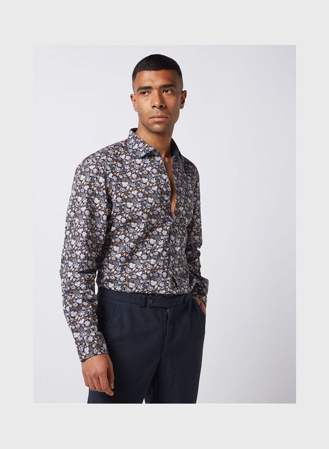Olymp - Casual Floral Long Sleeve Shirt Dark Blue - Image 1