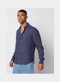 Casual Plain Basic Collared Neck Long Sleeve Shirt DarkBlue