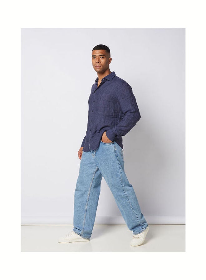JACQUES BRITT - Casual Plain Basic Collared Neck Long Sleeve Shirt DarkBlue - Image 1